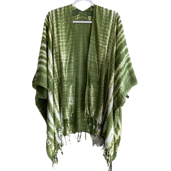 0057/ Green White Kimono Cover up, Beach Outer with Fringes - Picture 4 of 10
